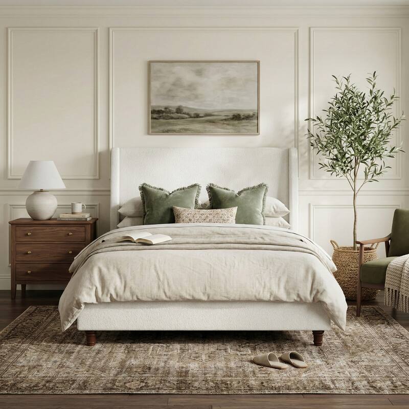 Christopher Knight Home - Modern 52.7" Tall Wingback Boucle Upholstered Platform Bed Frame with Solid Wood Legs & Slat Support