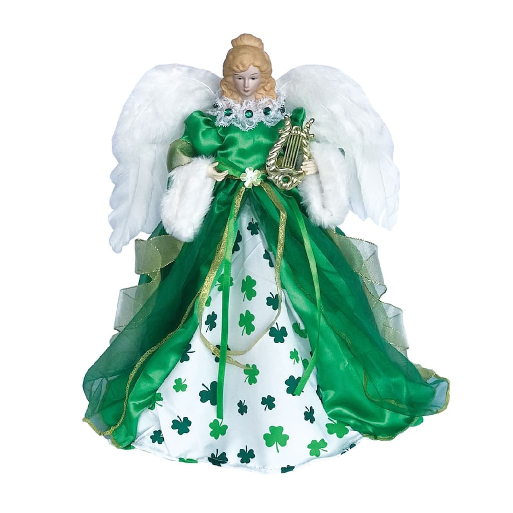 15" Green White St. Patrick'S Day Shamrock Angel Tree Topper, Unlit