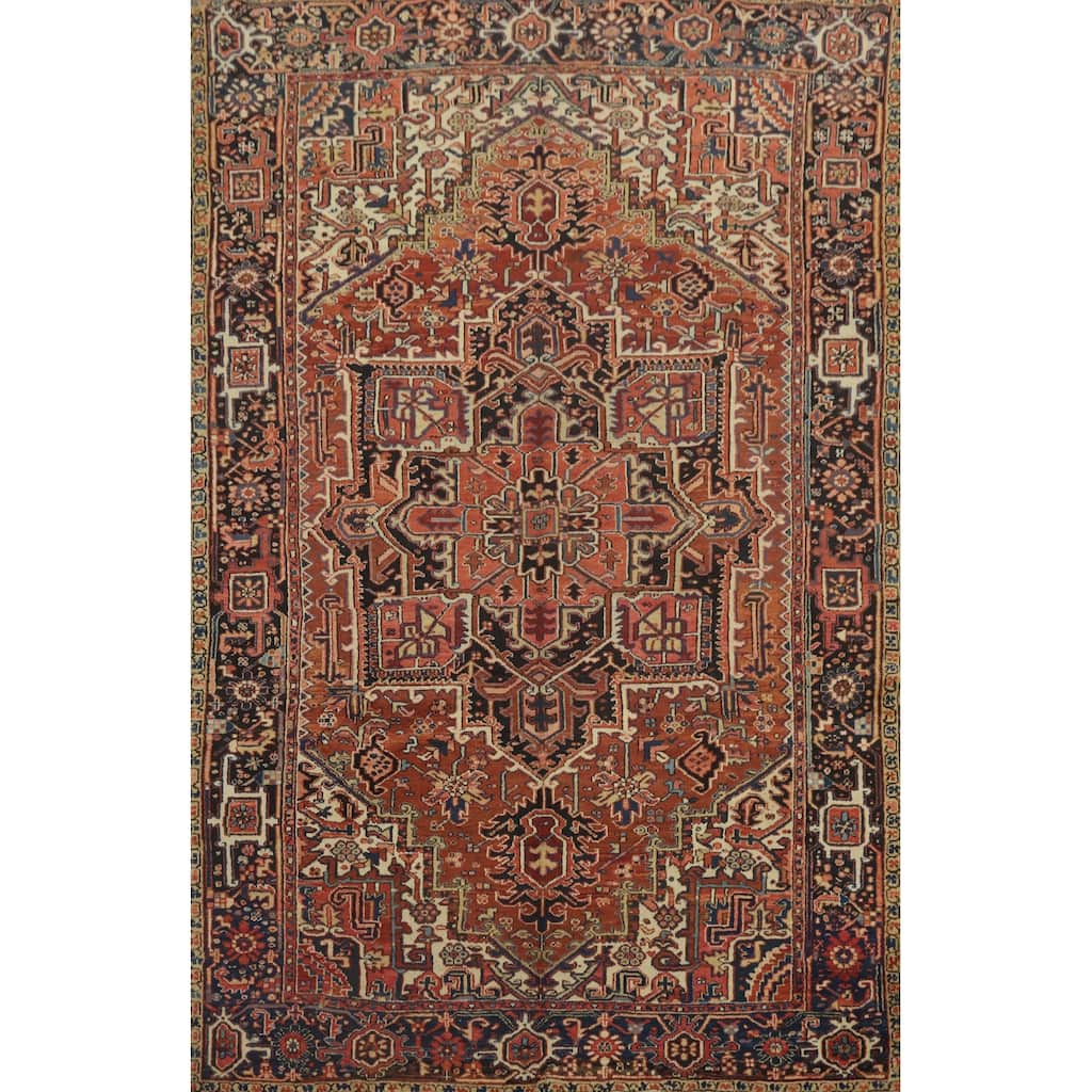Hand Knotted Oriental 100% Wool Carpet Traditional Medallion Oranges & Rust Heriz Area Rug - 10' 3'' X 7' 1''