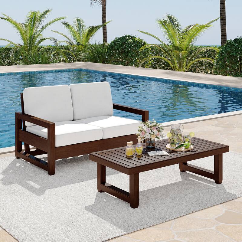 Teak Loveseat Patio Set with Cushions and Table (2-Piece) - Beige/Tan wood - Coffee table