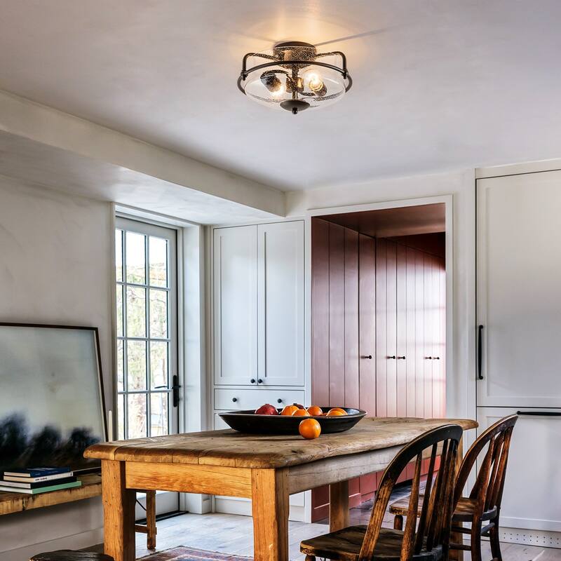 2-Light Modern Transitional Metal & Glass Flush Mount with Clear Bubble Glass Shade for Bedroom - 12.6 in. W x 7.3 in. H