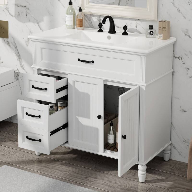 36" Bathroom Vanity with Ceramic Sink Combo, Freestanding Bathroom Storage Cabinet with 2 Storage Drawers and 2 Doors