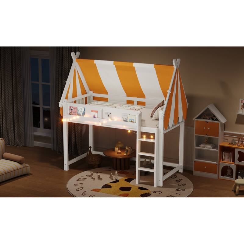 Roomfitters Twin/Full Size Loft Bed with Canopy, LED Lights and Book Shelf