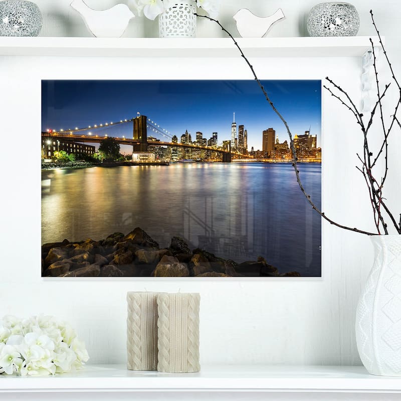 Distant View of Brooklyn Bridge - Cityscape Glossy Metal Wall Art - Bed ...