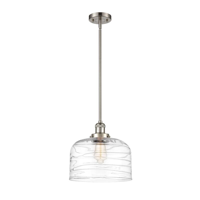 Innovations Lighting Franklin Restoration Bell - 1 Light 12" Stem Hung Mini Pendant - Clear Deco Swirl/Brushed Satin Nickel