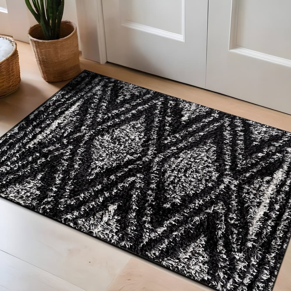 World Rug Gallery Geometric Shag Area Rug – Anthracite Dark Gray / White