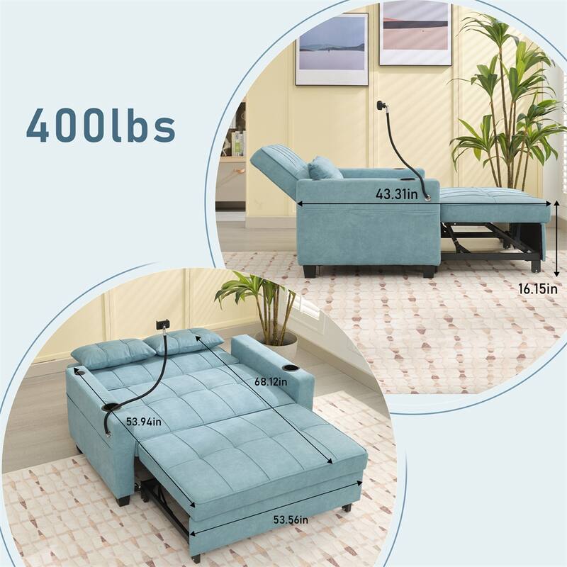 3-in-1 Pull Out Convertible Sleeper Chair w/ USB Ports,Wear Resistant