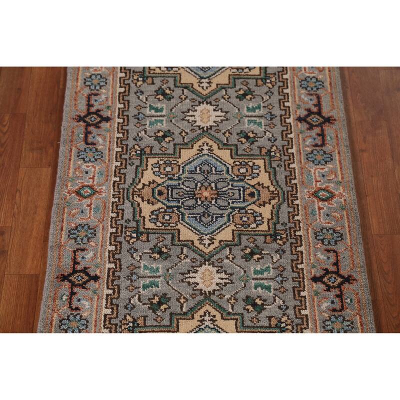 Gray Geometric Heriz Serapi Indian Runner Rug Hand-Knotted Wool Carpet - 2'7" x 7'11"