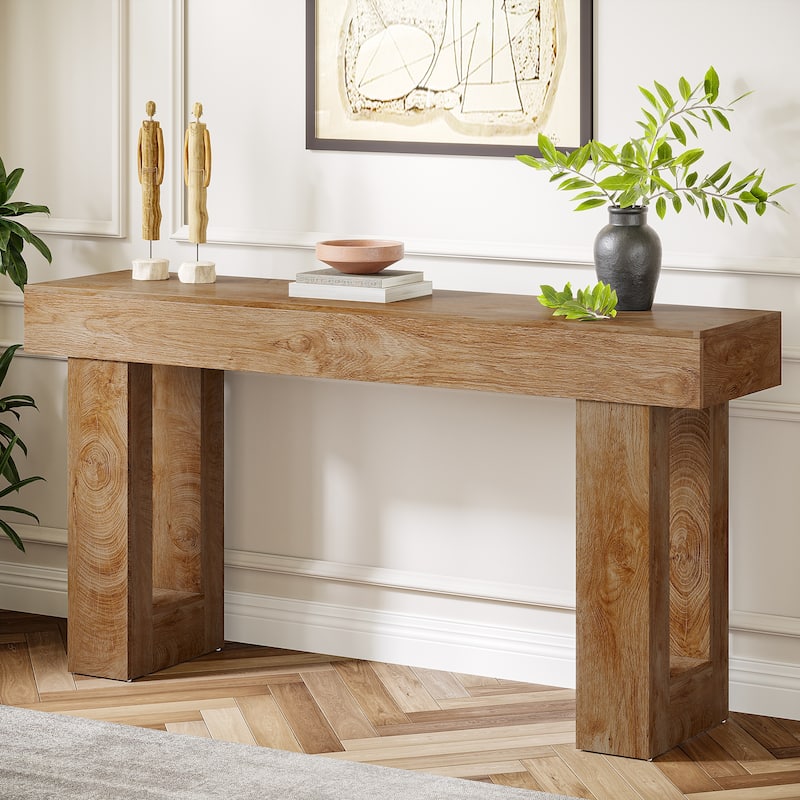63-Inch Farmhouse Wooden Sofa Console Entryway Table for Living Room - Natural