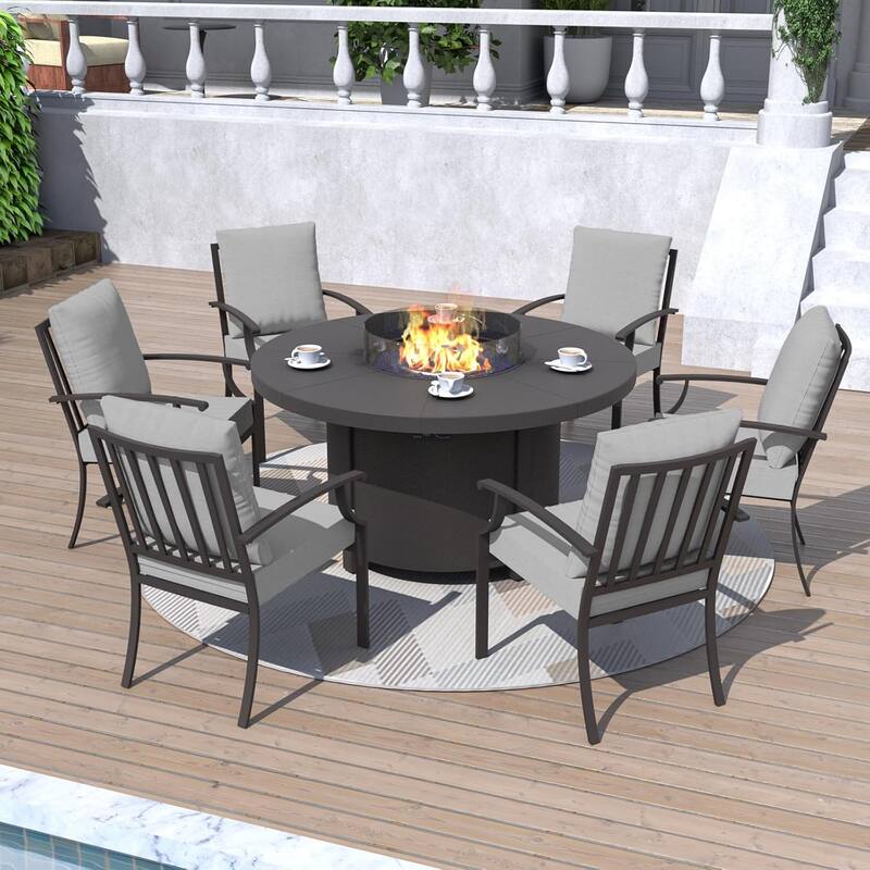 Metal 7 Piece Outdoor Dining Set with Round Fire Pit - 6Chairs + RoundFirepit