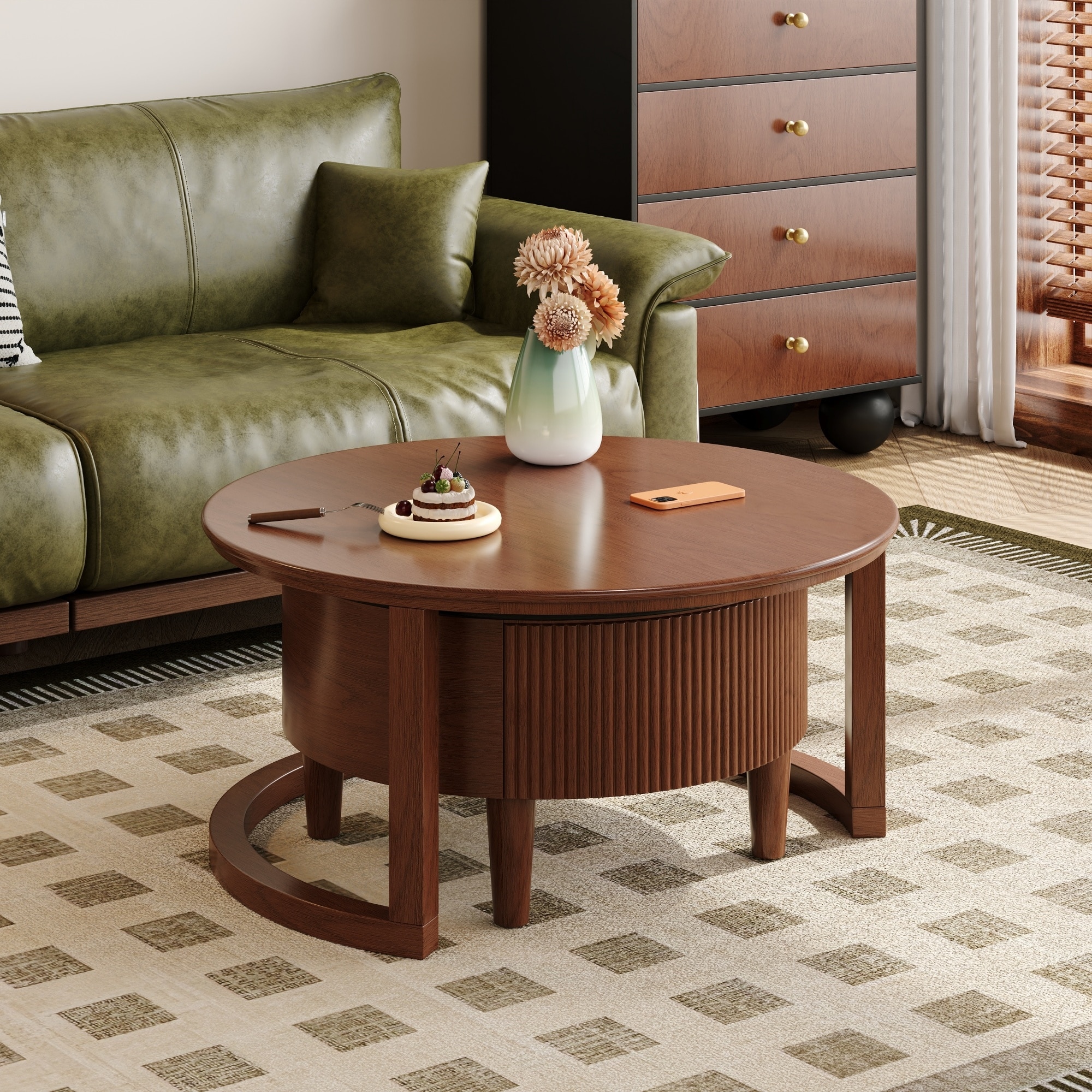 Vintage Round Nesting Coffee Table Fluted with Drawer - Bed Bath