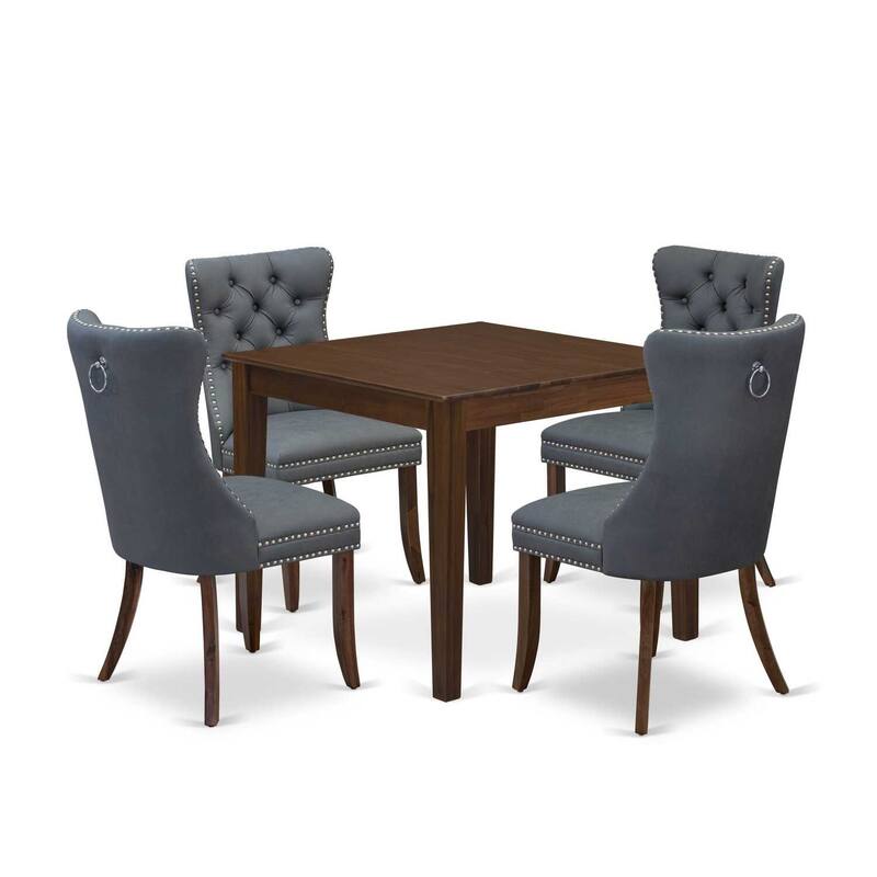 5-Piece Antique Walnut Finish Solid Wood Top - Square Upholstered Dining Room Set - Seats 4