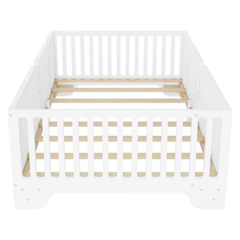 Kids Floor Bed with Safety Fence and Removable Door for Boys Girls