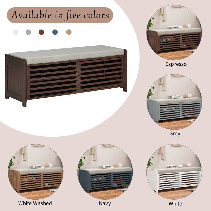 Distressed Shutter Storage Bench with Acacia Veneer for Retro Charm for Living Room, Entryway (White)