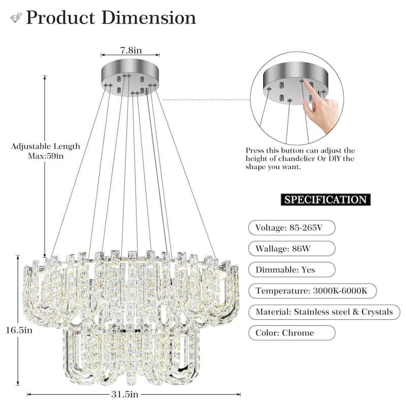 1/2-Tier Dimmable Chrome Crystal LED Drum Chandelier