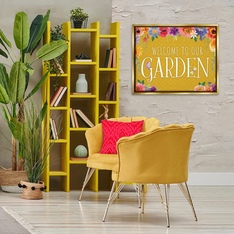 Stupell Garden Welcome with Floral Border Framed Floater Canvas Wall Art Design By Nicole DeCamp