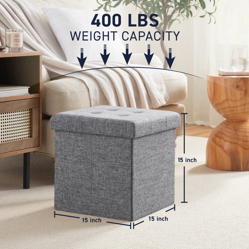 2 Pack - 15" Collapsible Square Cube Storage Ottoman, Perfect for Dorms, Livingroom and Bedroom