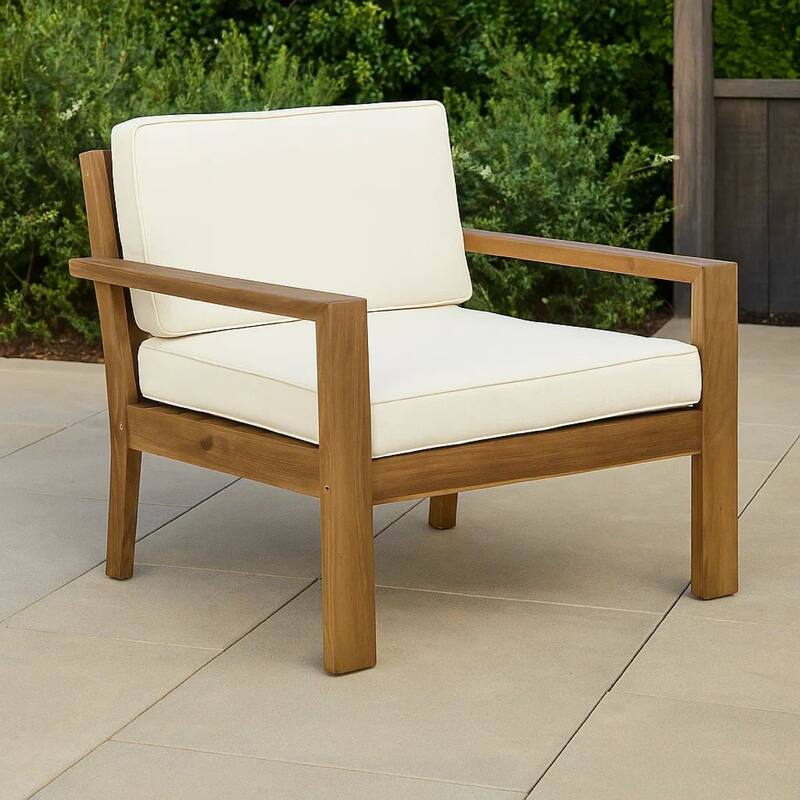 Outdoor Accent Chair, Slat Panel, Wire Brush Acacia Wood, Ivory Fabric