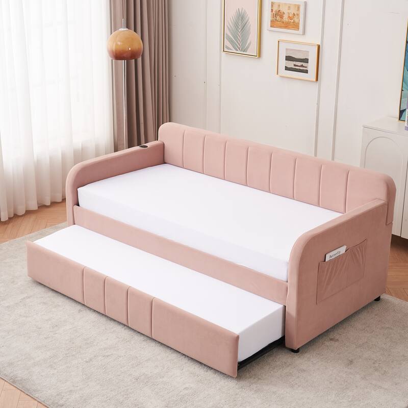Twin Size Velvet Upholstered Daybed, Wood Sofa Bed Frame Daybed Couch with Trundle Bed and Wood Slat