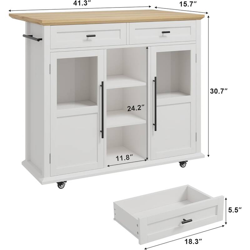 Kitchen Island, Rolling Kitchen Island Cart On Wheels With Widen Drop Leaf Top, 2 Glass Doors, Spice Rack & Towel Holder