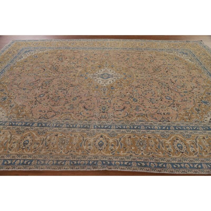 Distressed Floral Kashan Persian Antique Area Rug Handmade Wool Carpet - 9'0" x 12'5"