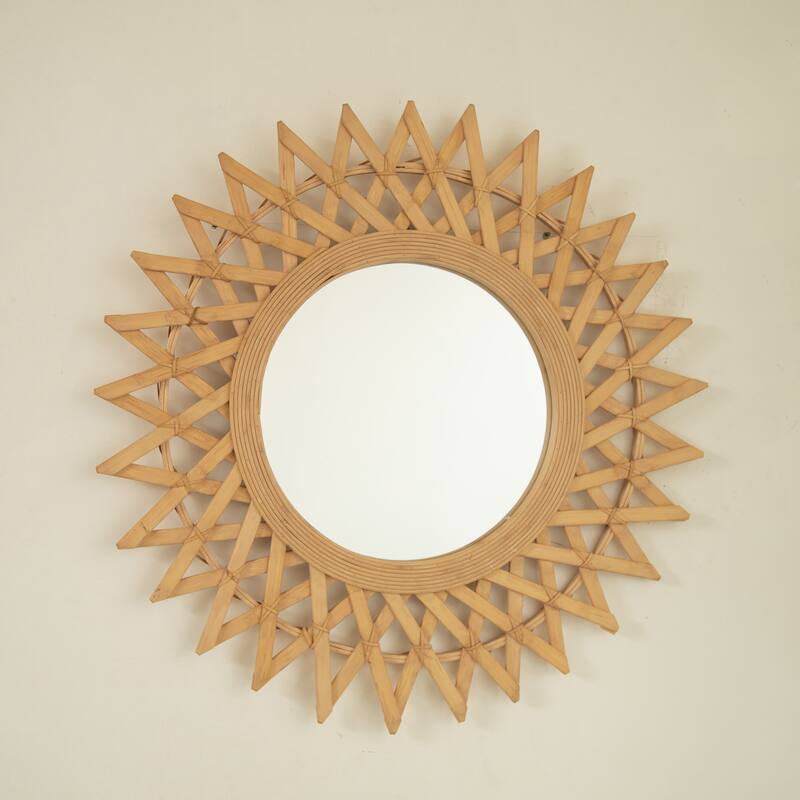 24" Solana Mirror, Wall-mounted Bamboo Artistry Circle Mirror with Hemp, Irregular Shape for Bathroom, Bedroom, Living Room