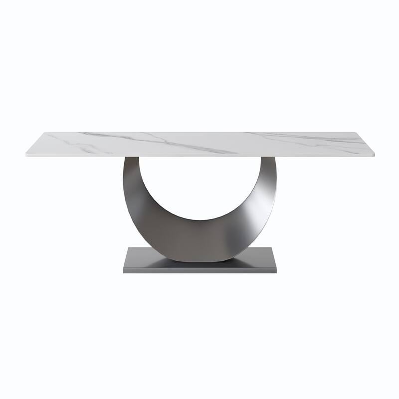 79" Marble Dining Table for 10, Modern Rectangle Kitchen Table with U Shape Pedestal Base