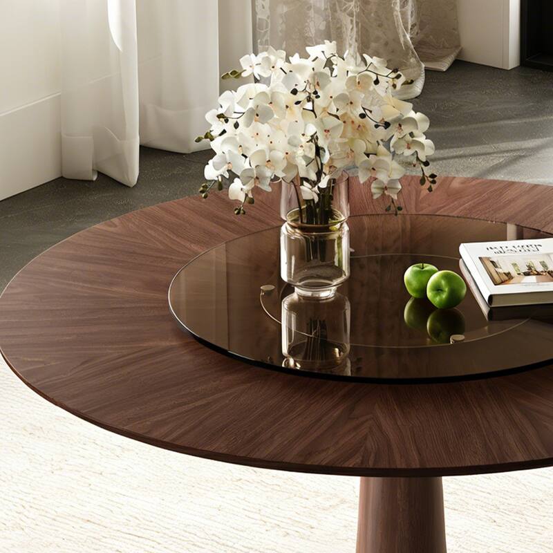 47" Solid Wood Round Dining Table with Tempered Glass Lazy Susan, Retro Style Kitchen Table with Metal Base