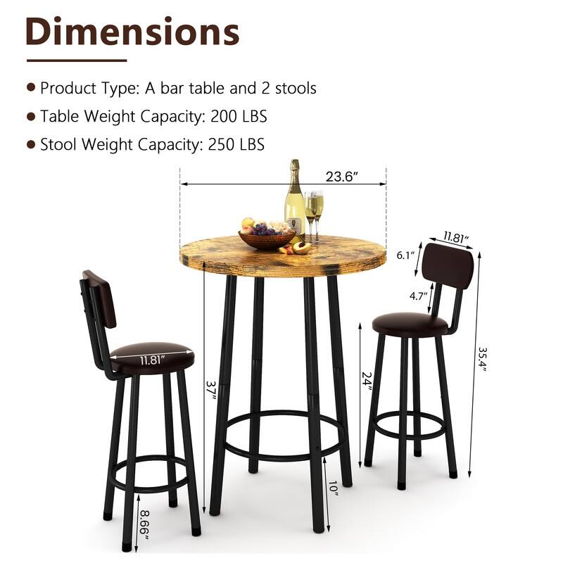 3 Piece Pub Dining Set, Kitchen Counter Height Bistro Set, Round Bar Table and 2 Stools for Living Room and Small Space