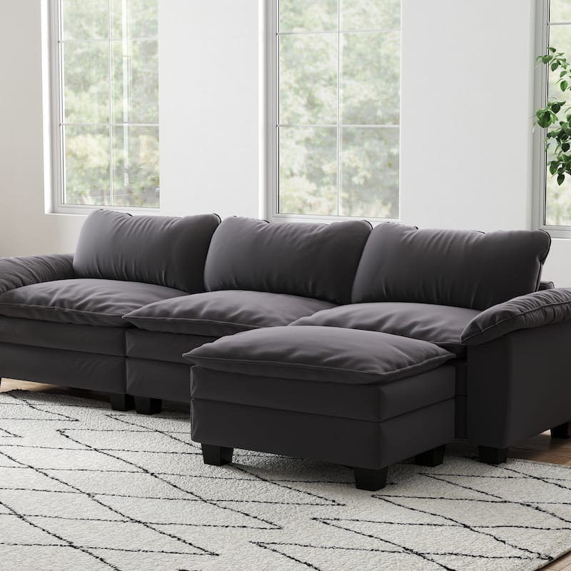 Luxury Velvet Upholstered Sectional Sofa Couch with Ottoman
