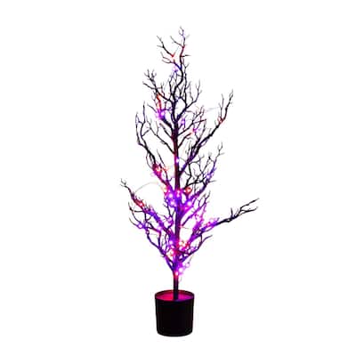 3ft. Pre-Lit Artificial Halloween Black Spooky Twig Tree with 100 Orange & Purple LED Lights - Fun Seasonal Décor