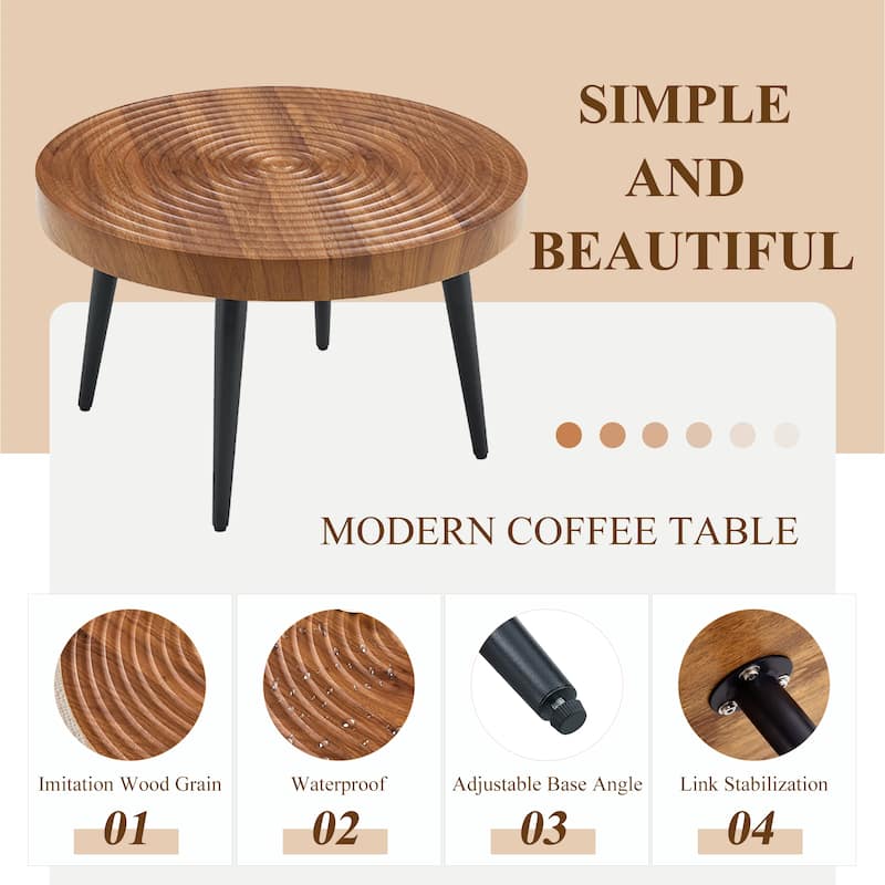 Natural Wood Grain Texture Round Coffee Table,Exquisite Suction Molding Process,Natural Wood Grain Texture,Sprayed Metal Leg