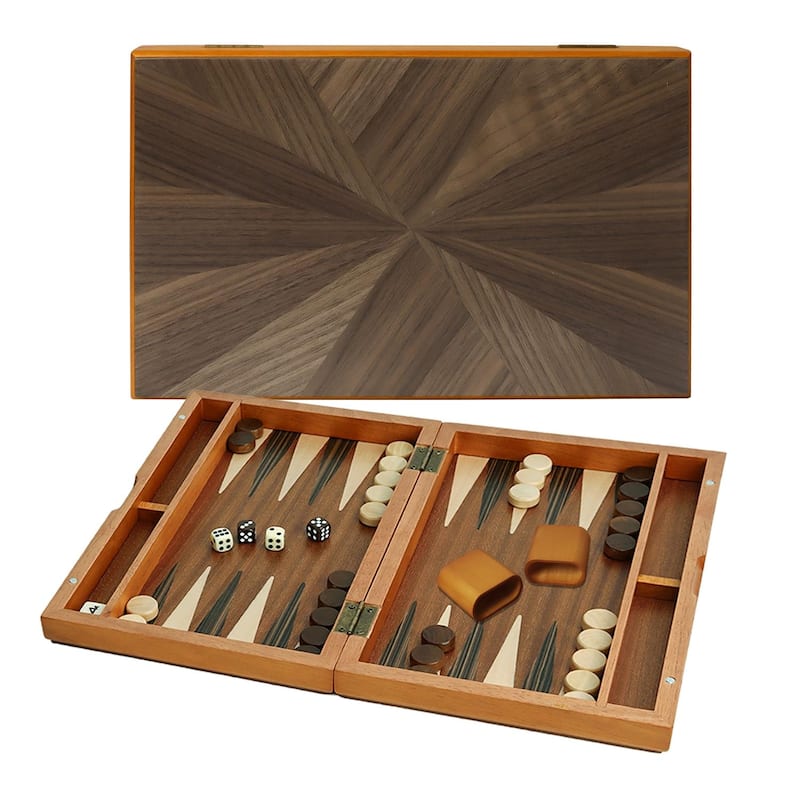 GSE™ 11" Premium Wooden Inlay Backgammon Board Game Set, Portable Folding Backgammon Board Game with Game Pieces - 11-Inch - Brown
