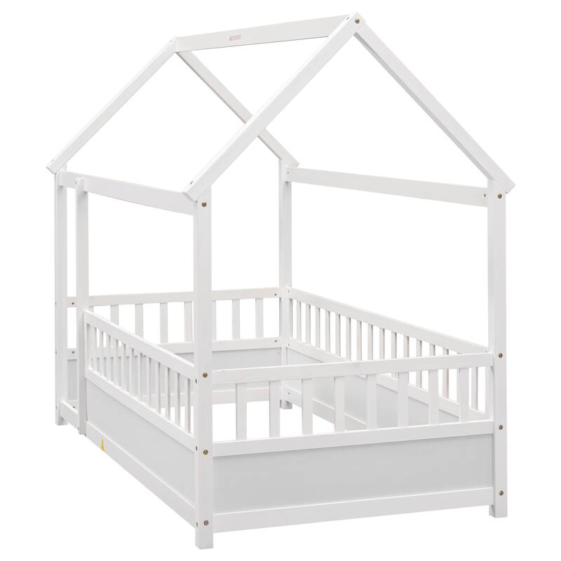 Twin Size Wooden Floor Bed with Roof Frame and High Fence Guardrails, White