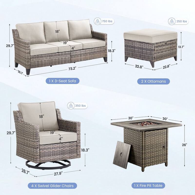 Pocassy Outdoor Swivel Chair with Sofa with Fire Pit Table