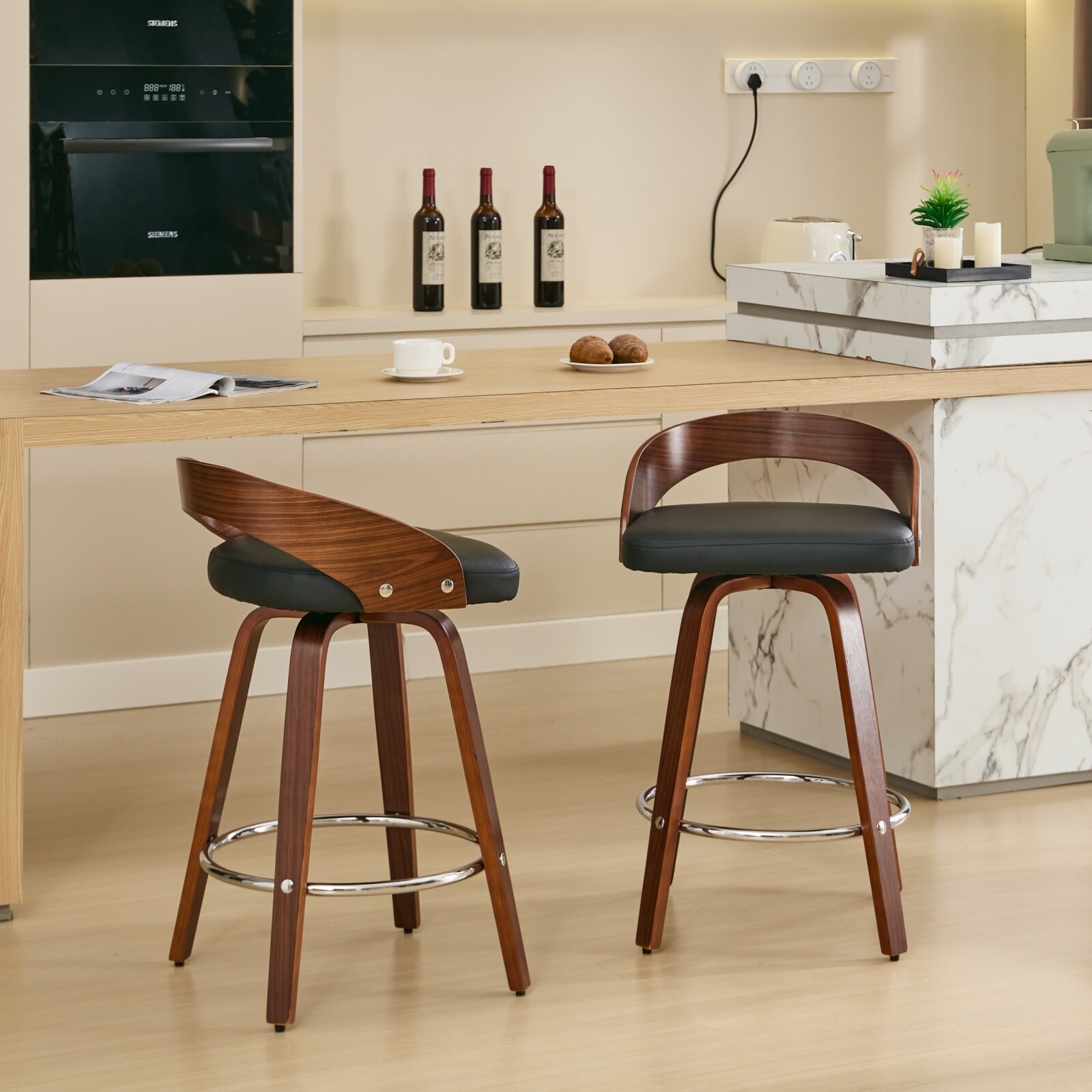 Roomfitters Mid-Century Swivel Bar Stools Set of 2, PU Leather Upholstered Counter Chairs with Walnut Wood Frame