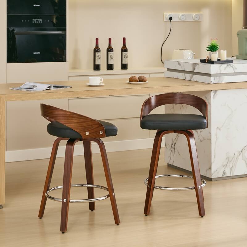 Roomfitters Mid-Century Swivel Bar Stools Set of 2, PU Leather Upholstered Counter Chairs with Walnut Wood Frame - Black