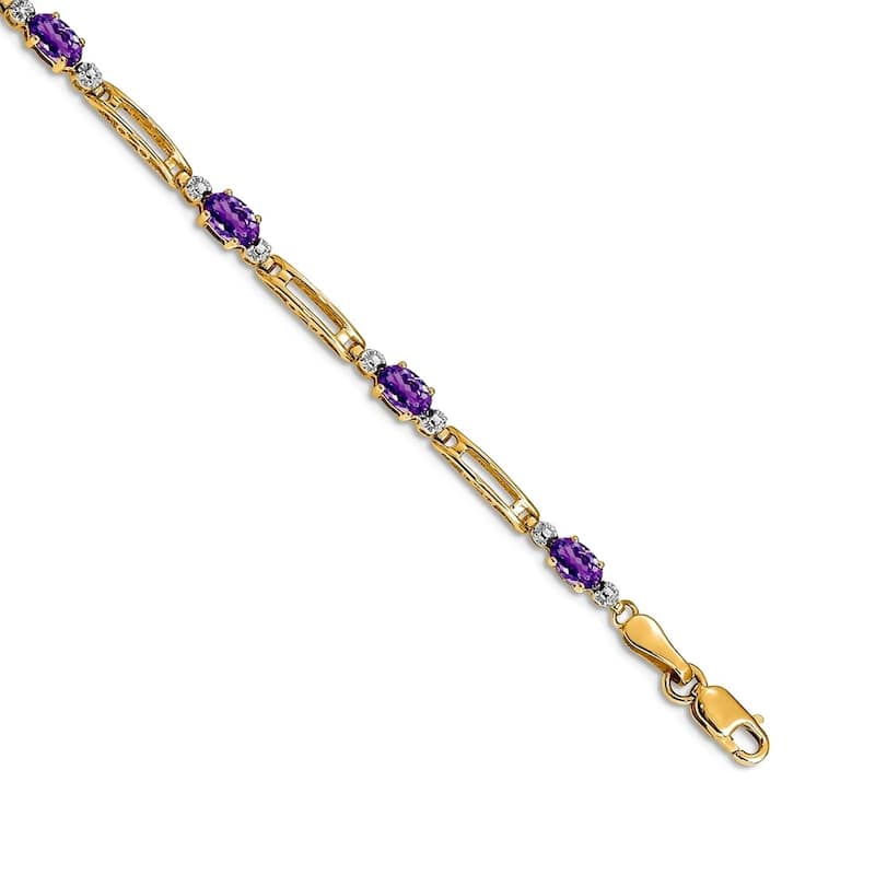 Curata Yellow or White Gold 3.5mm 7" Gemstone and Diamond Bracelet - 10k or 14k - Amethyst - 14k - Yellow