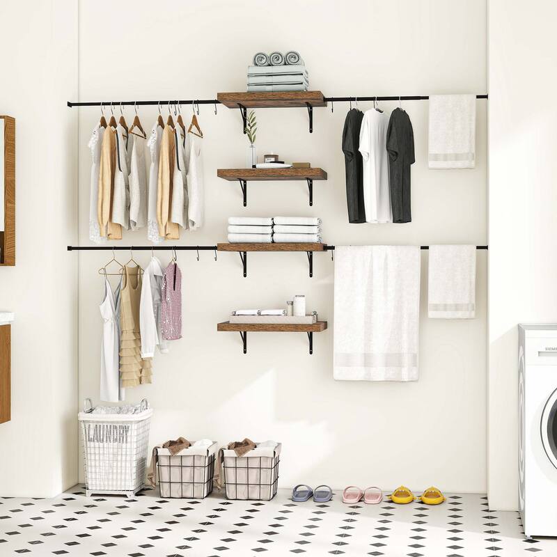 Wall-Mounted Clothing Storage Rack Multi-Functional Closet Organizer System with Adjustable Rods and Shelves