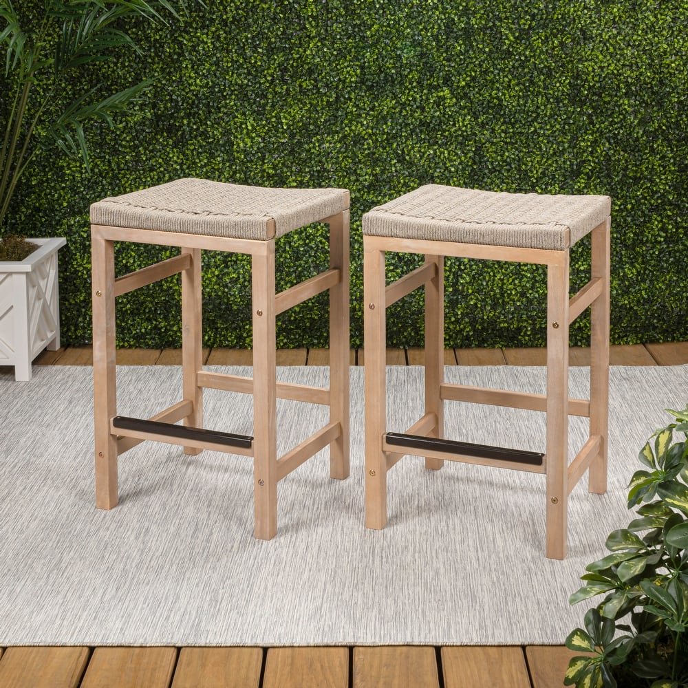 Armand Backless Acacia Wood Outdoor Stool with Woven Rope Seat, (Set of 2)