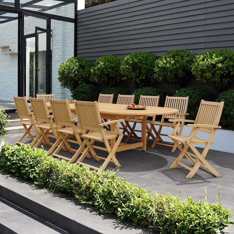 11pc Solid Teak Extendable Outdoor Patio Dining Set - 11 Piece - Brown