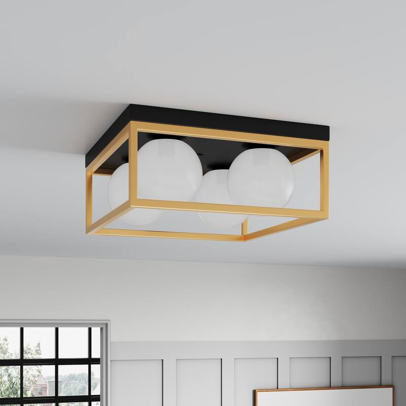 Farmhouse Black and Gold 4-Light Flush Mount Ceiling Light with Globe Frosted Glass Shades - Black/Gold