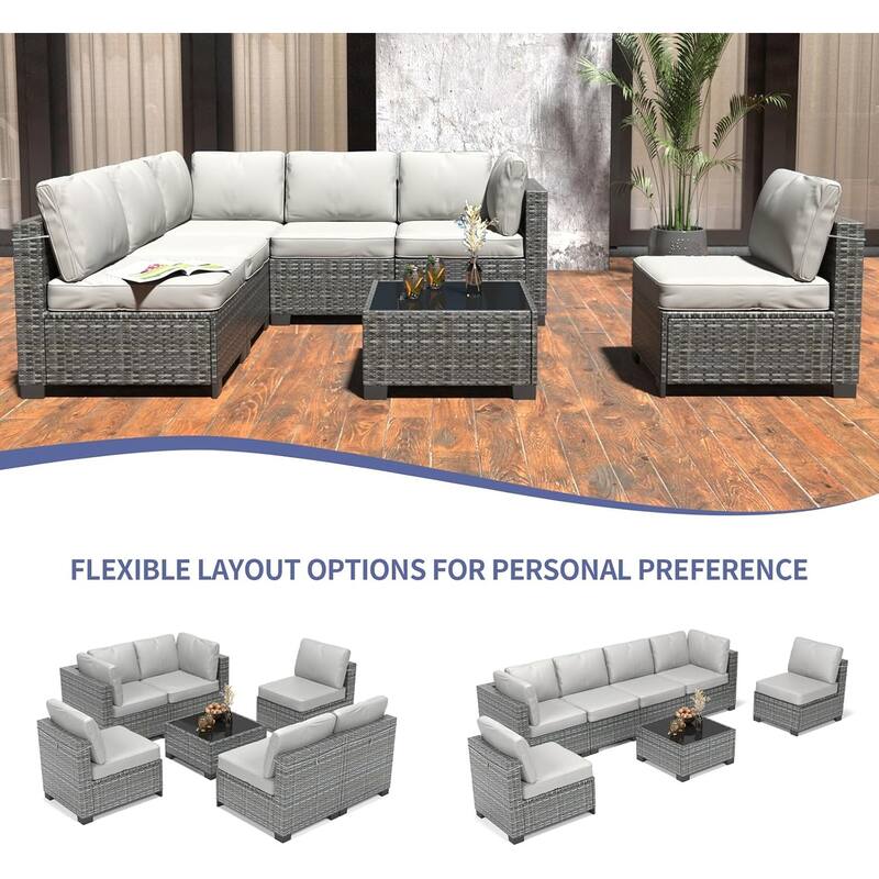 7-Piece Patio Conversation Sofa Set with Cushions and Glass Top Coffee Table