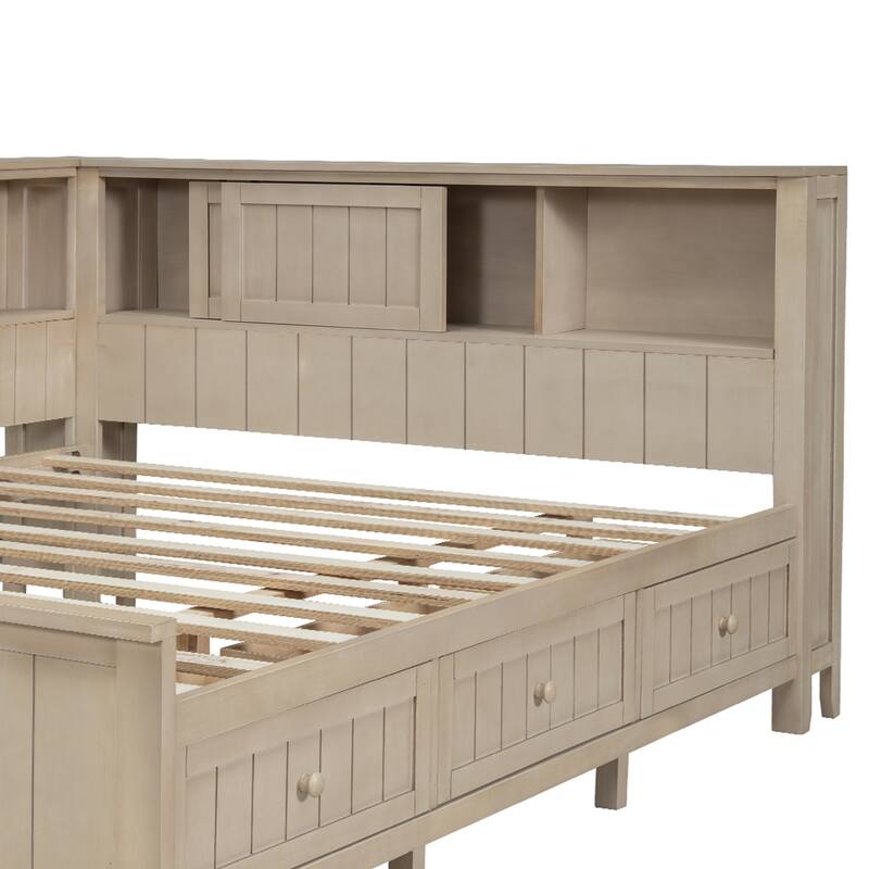 Sturdy Wood Platform Frame Daybed with Storage Shelves and 3 Drawers, Space-Saving Design for Bedroom or Guest Room