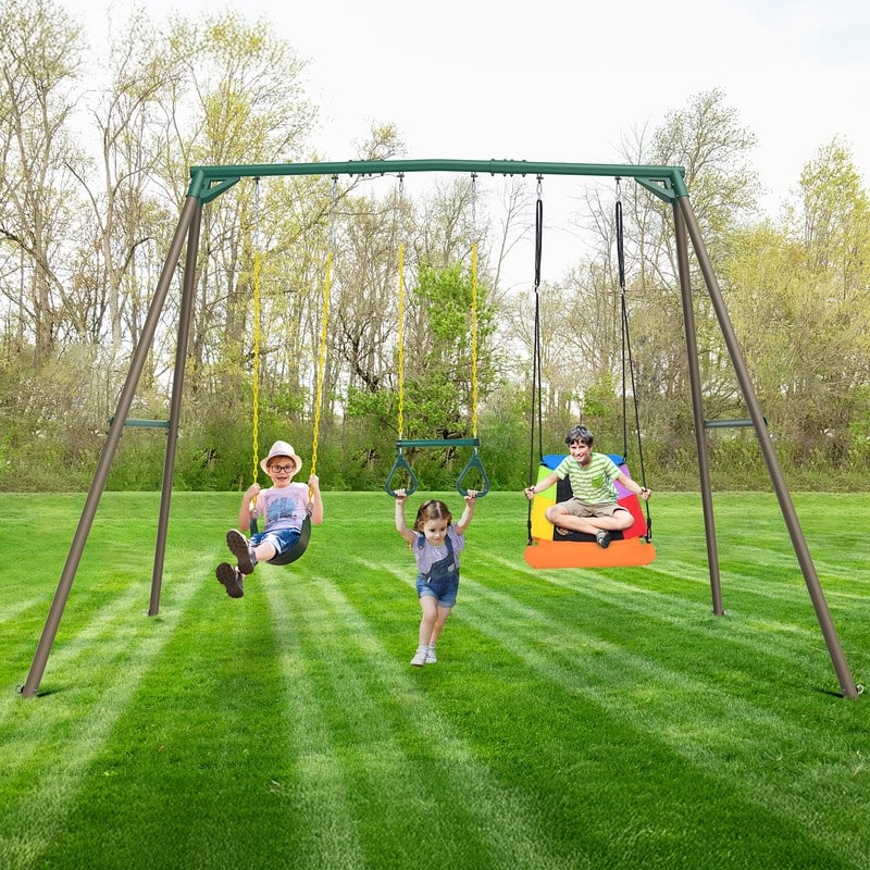 9.5' Heavy Duty Metal Swing set for Backyard with Platform Swing, Belt Swing, and Trapeze Bar