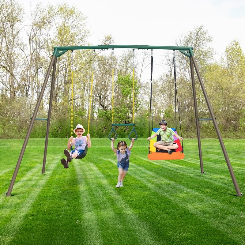 9.5' Heavy Duty Metal Swing set for Backyard with Platform Swing