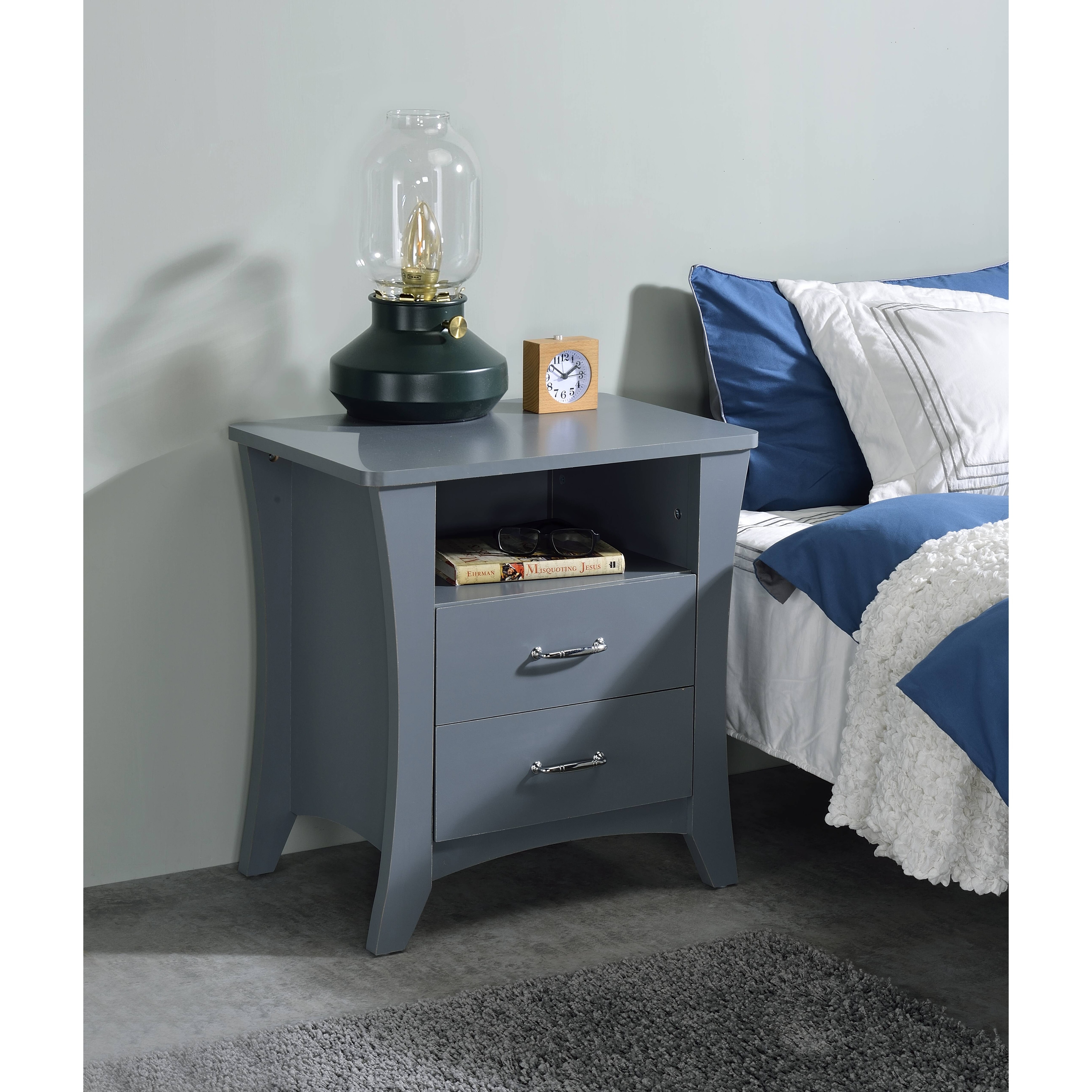 Gray Nightstand with 2 Drawers and Open Storage Shelf