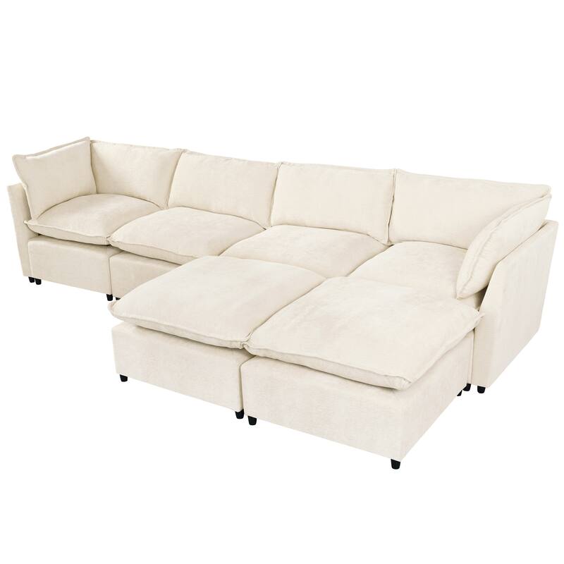 U-Shape Sectional Sofa Upholstered Couch with Removable Cushions and Solid Wood Frame, Modular Sofa 2 with Movable Ottoman
