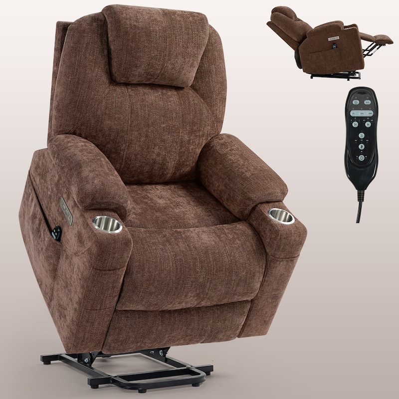 Lazy Boy Large Chenille Power Lift Recliner Chair with Massage and Lumbar Heating, USB and Type-C Ports & Cup Holders
