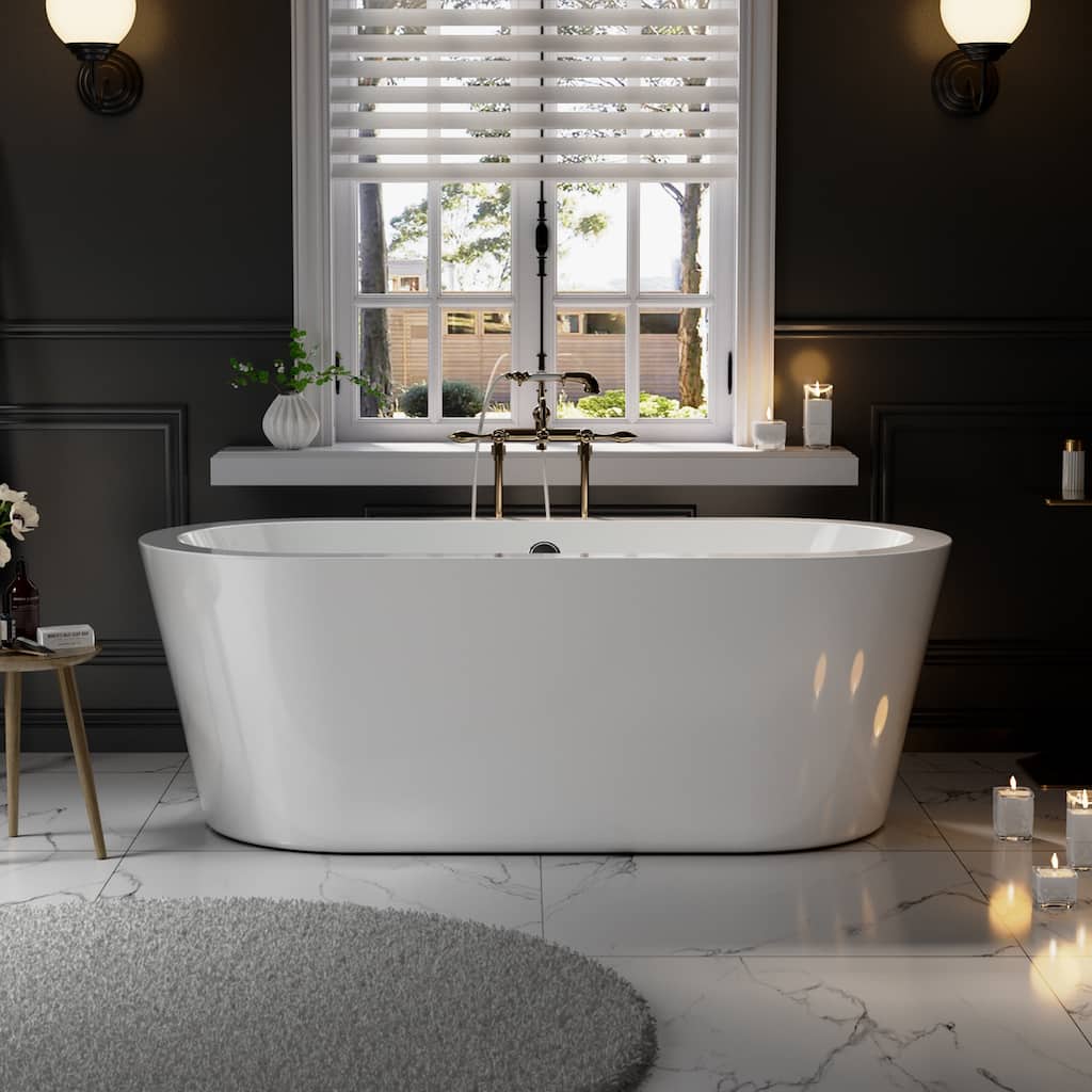 Empava 59 in. x 31.5 in. Freestanding Flat Bottom Bath Tub Oval Soaking Bathtub with Center Drain in White